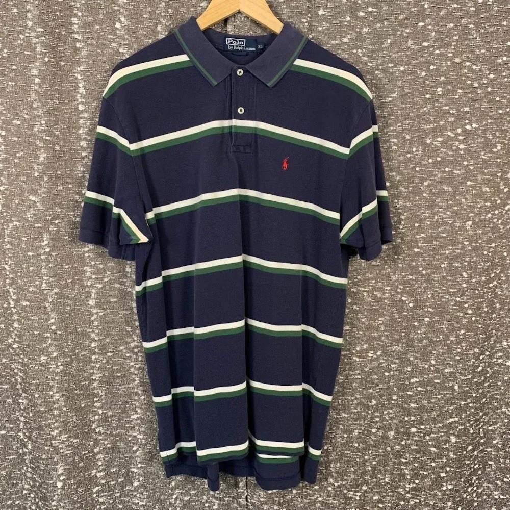 Polo Ralph Lauren Blue Striped‎ Polo Shirt Logo Preppy Mens XL 100% Cotton
